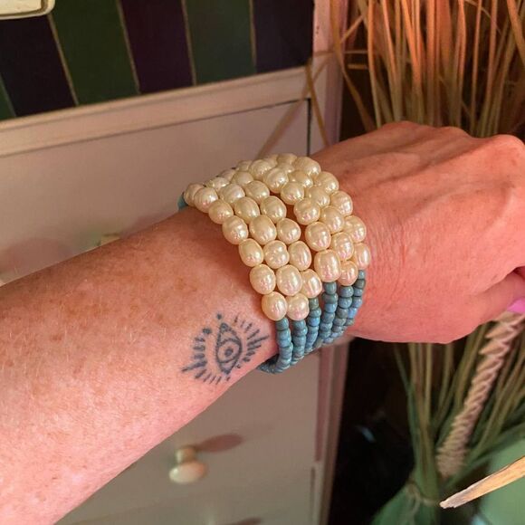 Simulated Pearl, Blue & Multi Colored Bead Cuff Bracelet - Picture 1 of 6